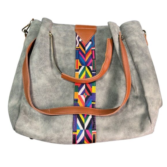 Tribal Pattern Gray & Brown Tote Bag With Adjustable Strap - Picture 3 of 11